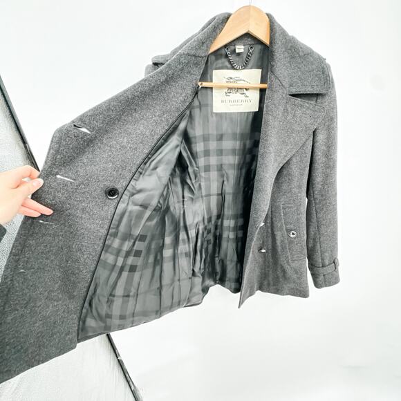 Burberry Coat Wool Pea Cashmere Grey Winter Plaid Ladies Jacket Check 8 - Picture 8 of 12